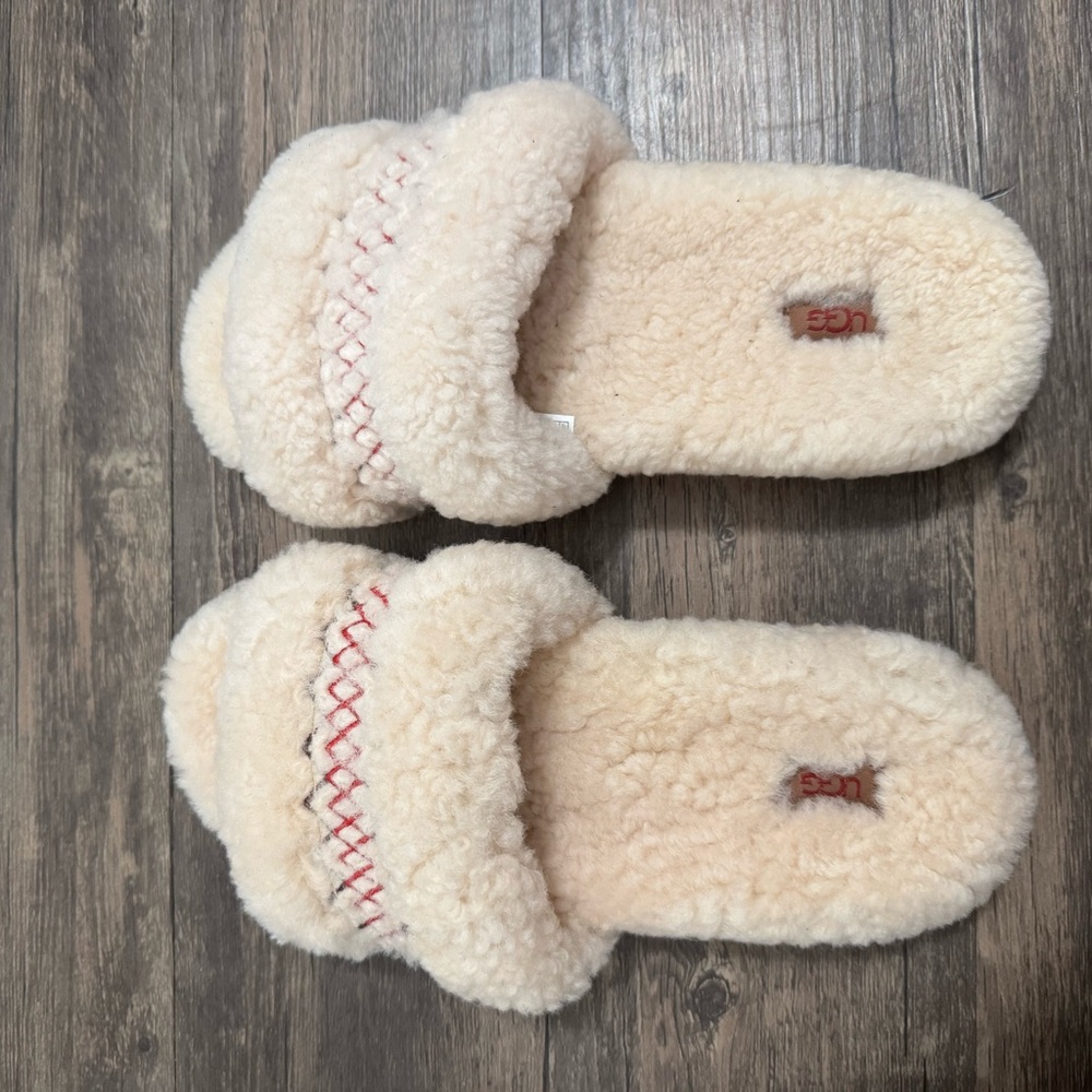 UGG Cream Fluffy Slides with Red Accents